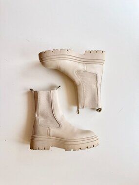 ZARA Ivory Leather Lug Sole Platform Ankle Chelsea Boots, Size 36